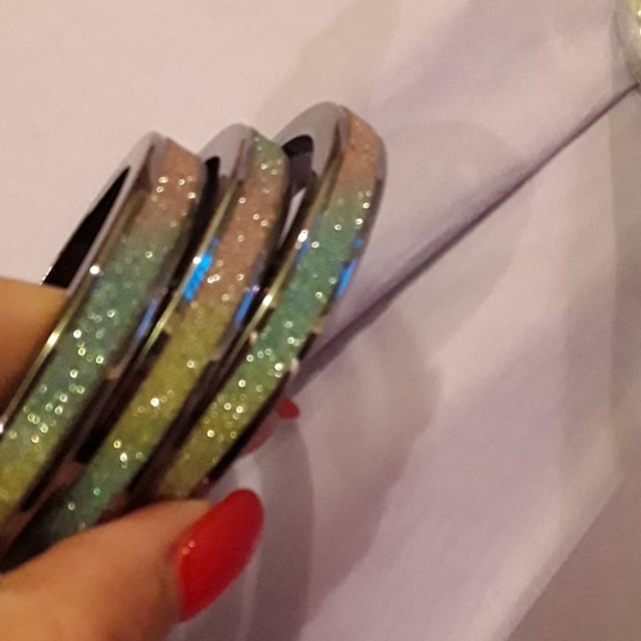 3 sparkling-yellow-blue-pink bangle bracelets. - Picture 2 of 8